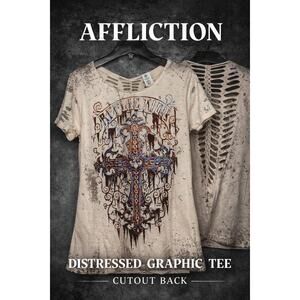 Affliction Live Fast Distressed Cross Tee Cutout Back Size M